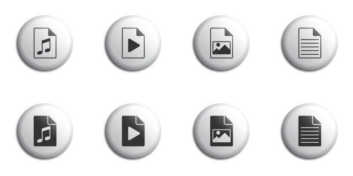 Set of icons of different types of files. Such as: multimedia, text, audio file and image file. Vector illustration.