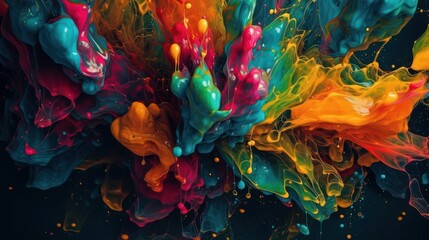Abstract Background, Ink Rainbow Colors, for Websites and Print, Colored paint splash isolated on black background, AI Generated