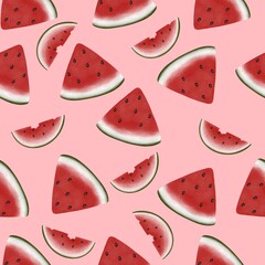 Watercolor seamless pattern with watermelon illustration. Summer fruit digital paper isolated on pink background.
