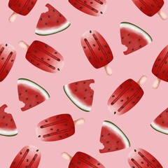 Watercolor seamless pattern with watermelon illustration. Summer fruit digital paper isolated on pastel pink background.