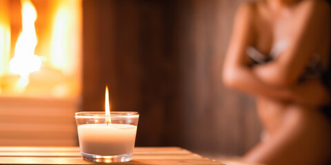 Candle with body therapy massage in the background. Health and body wellness concept. Skin relaxation and treatment. Sauna and regeneration. Healing salt lamp. Ai generative. - obrazy, fototapety, plakaty