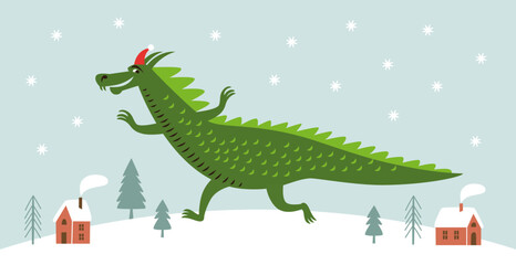 Cute Dragon in Santa hat. New Year of the green Dragon on the eastern calendar. Dragon running on the snow.
