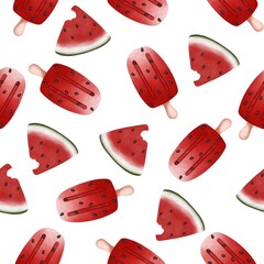 Watercolor seamless pattern with watermelon slice and ice cream. Summer fruit digital paper isolated on white background.