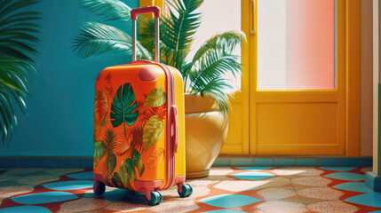 Colorful suitcase ready for summer vacation. World travel concept.