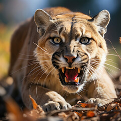 Obraz premium A fierce puma (Puma concolor) in its natural habitat, ready to strike. Taken with a professional camera and lens.