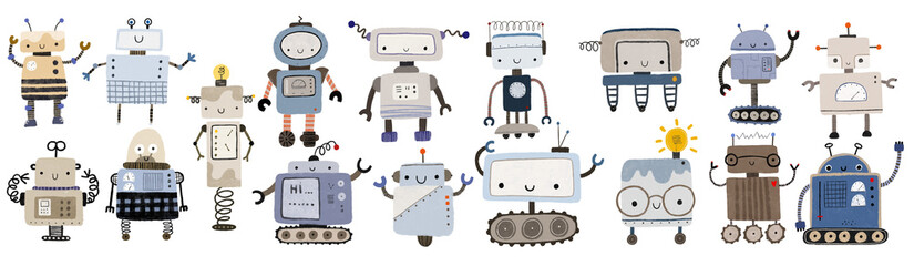 Set of funny cartoon colored kids robots. Cute cyborg, retro, android, smiling characters in flat illustration isolated on white background. Cute childish illustration, stickers, print.