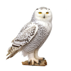 A glistening Snowy Owl (Bubo scandiacus) in a poised stance.