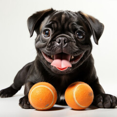 A cheerful Pug puppy (Canis lupus familiaris) happily playing with a toy.
