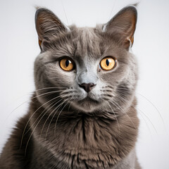 A Chartreux cat (Felis catus) with captivating dichromatic eyes.