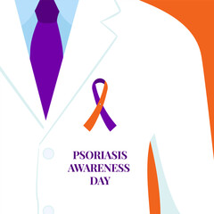 Psoriasis awareness day poster background. Doctor with purple and orange pin on white coat. Solidarity compain concept design. Healthcare support. Medical vector illustration.