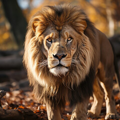 Fototapeta premium A majestic lion (Panthera leo) standing proudly in its natural habitat. Taken with a professional camera and lens.