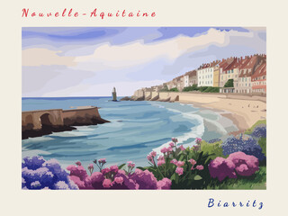 Biarritz: Postcard design with a scene in France and the city name Biarritz - obrazy, fototapety, plakaty