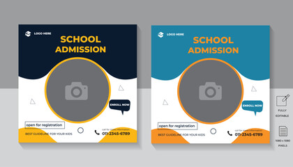 Modern School education admission web banner template and social media post. Back to school promotion banner	
