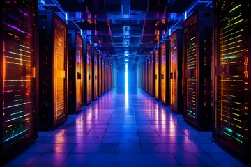 Rows of servers illuminated in a dim, climate-controlled data center, signifying the digital infrastructure backbone of the information age.