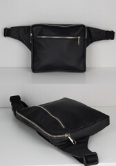 black leather waist bag collage, handmade bag