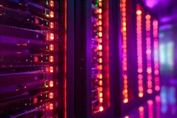 A close-up image of flashing LED lights on a server rack in a modern data center, illustrating the active state of data processing and storage.