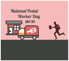 "National Postal Worker Day, 1 july". delivering goods by car from shop to location, perfect for business. Holiday concept. Vector illustration, delivery service, banner, card, poster