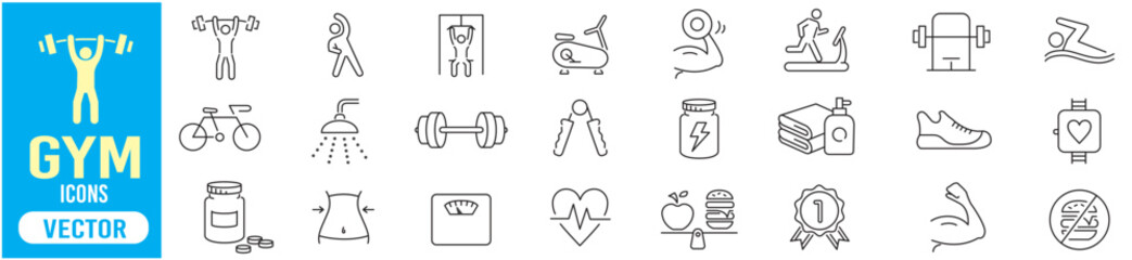Gym, Wellness, Fitness, Workout, Yoga, Running, Diet Editable stroke line icon collection vector