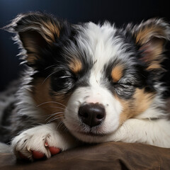 A sleeping Border Collie puppy (Canis lupus familiaris) with a merle coat, resting peacefully.