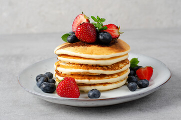 Pancakes with Fresh Berries and Maple Syrup, Tasty Breakfast
