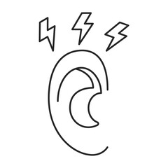 Human ear with pain and tinnitus line art icon, ringing in ears. Hear loud noise, earache. Diseases of hearing organ or neurology problem. Vector