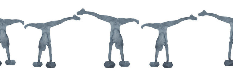 Sports at sunrise border.Running.Gymnastics.Morning gym.Watercolor silhouette sport isolated on white background.