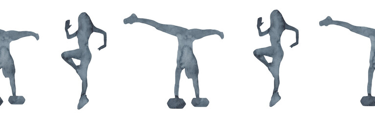 Sports at sunrise border.Running.Gymnastics.Morning gym.Watercolor silhouette sport isolated on white background.