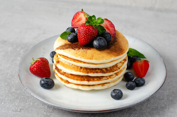Pancakes with Fresh Berries and Maple Syrup, Tasty Breakfast