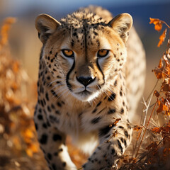 A graceful cheetah (Acinonyx jubatus) on the prowl in the wilderness. Taken with a professional camera and lens.