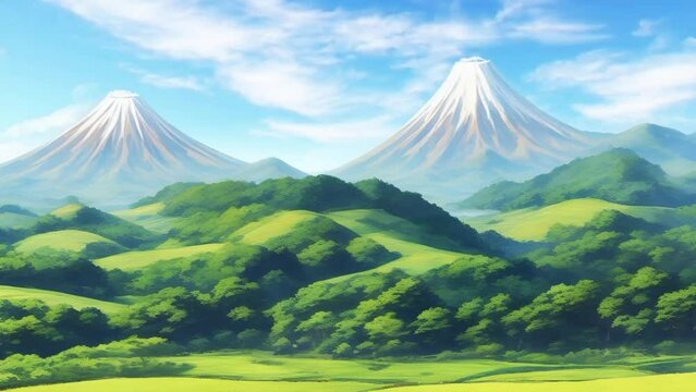 Animated background of landscape anime watercolor painting style enhances the beauty of a fantasy spring in nature. seamlessly loops animation video