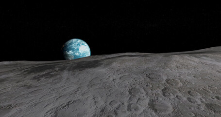 The surface of the moon and the planet Earth in the distance.