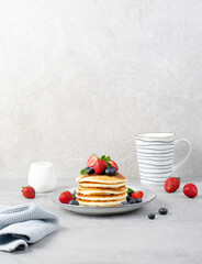 Pancakes with Fresh Berries and Maple Syrup, Tasty Breakfast