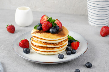 Pancakes with Fresh Berries and Maple Syrup, Tasty Breakfast