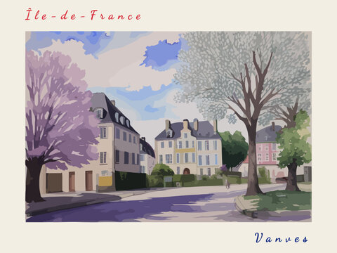 Vanves: Postcard design with a scene in France and the city name Vanves