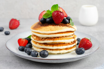 Pancakes with Fresh Berries and Maple Syrup, Tasty Breakfast