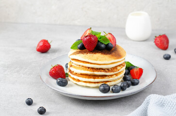 Pancakes with Fresh Berries and Maple Syrup, Tasty Breakfast
