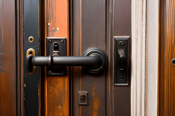 Black old door handle and door lock over a brown wooden door alte tür mit schwarzen griff türklinke - generative AI KI