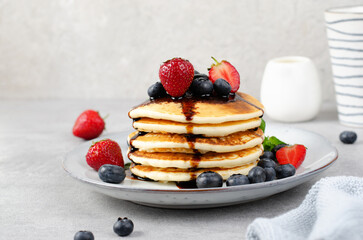 Pancakes with Fresh Berries and Maple Syrup, Tasty Breakfast