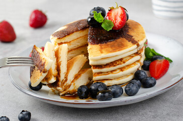 Pancakes with Fresh Berries and Maple Syrup, Tasty Breakfast