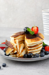 Pancakes with Fresh Berries and Maple Syrup, Tasty Breakfast