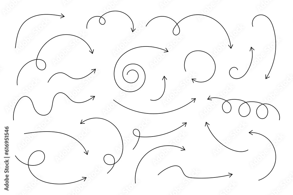 Wall mural curved thin arrows. set of vector hand drawn arrows. collection of pointers.
