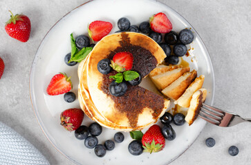 Pancakes with Fresh Berries and Maple Syrup, Tasty Breakfast
