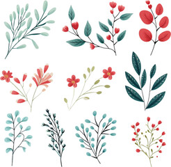 Set of floral branch. Flat   isolated on white background.