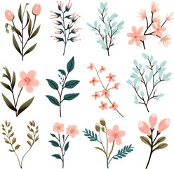 Obraz premium Set of floral branch. Flat isolated on white background.