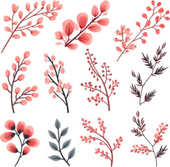 Set of floral branch. Flat   isolated on white background.