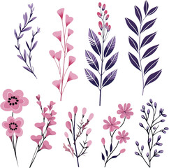 Set of floral branch. Flat   isolated on white background.