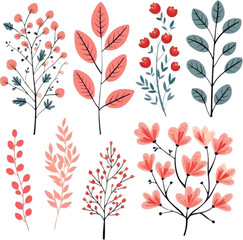 Set of floral branch. Flat   isolated on white background.