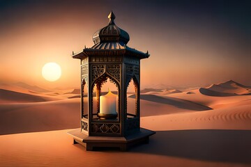 Ornamental Arabic lantern with burning candle glowing . Festive greeting card, invitation for Muslim holy month Ramadan Kareem. Ramadan Kareem greeting photo with serene mosque background.