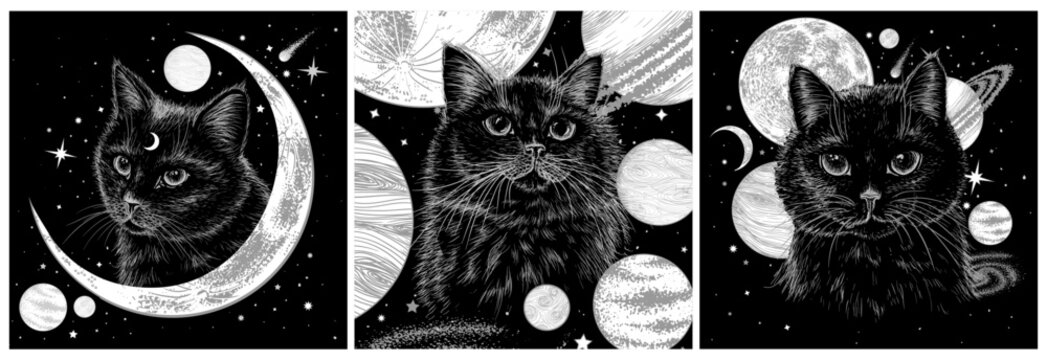 Vector set of 3 posters with black cats on the background of space, stars, planets, moon in engraving style