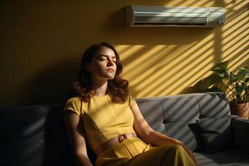 Obraz premium Woman relaxing on Sofa with Aironditioner on Wall